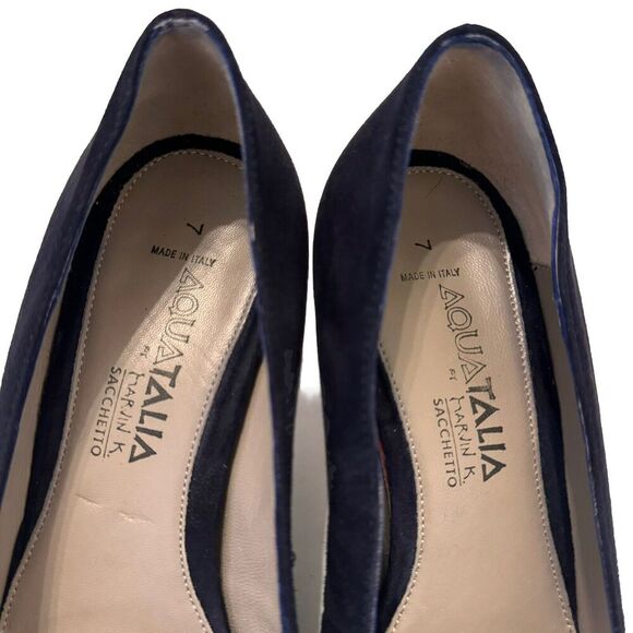 Aquatalia Sacchetto Blue Suede Pumps Size 7M Silver Buckle/Toe 3" Heel EUC - Picture 6 of 9